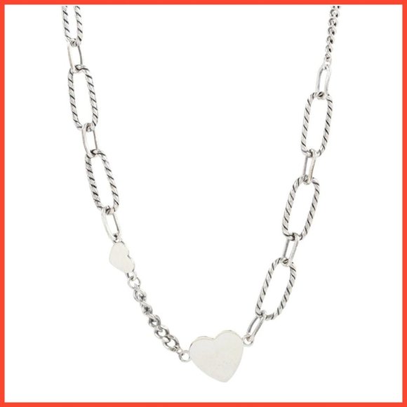 Silver Paper Clip and Cuban Multi Link Clavicle Length Necklace with 2 Hearts - Picture 5 of 7